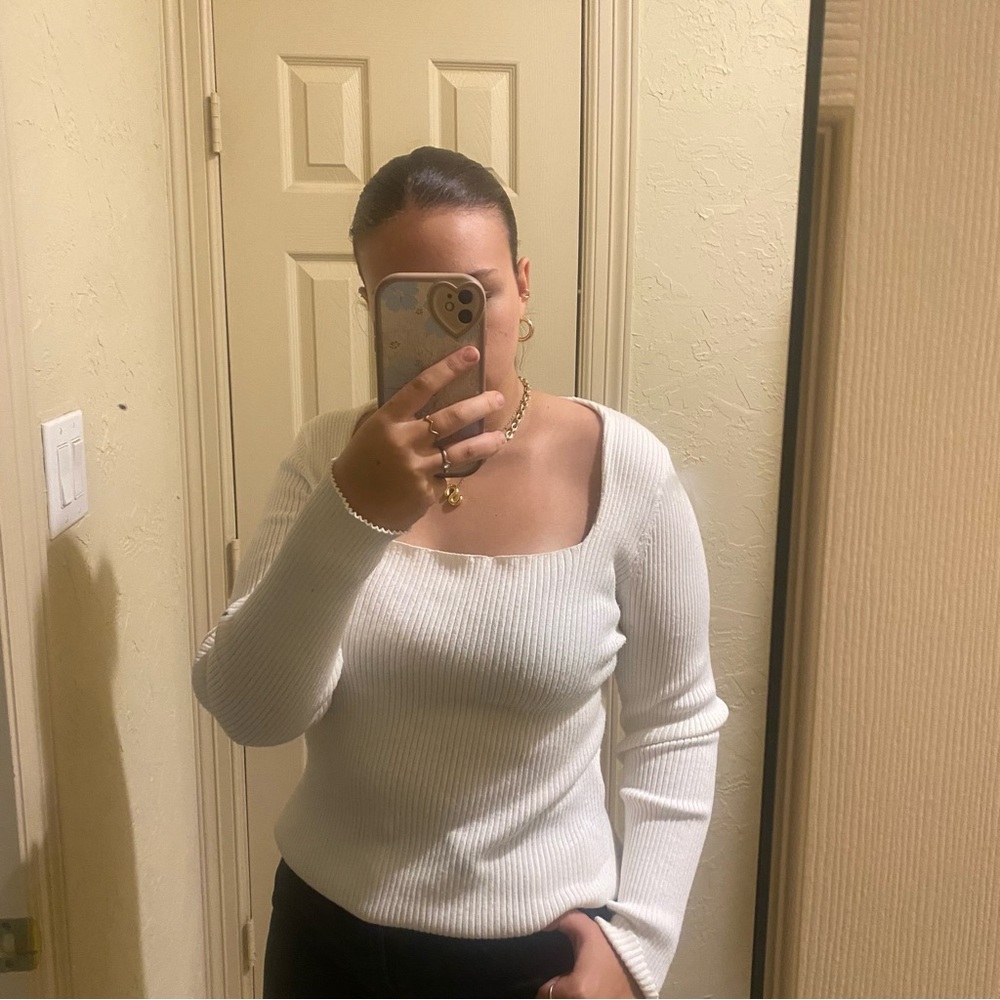 White Ribbed Long Sleeve Top